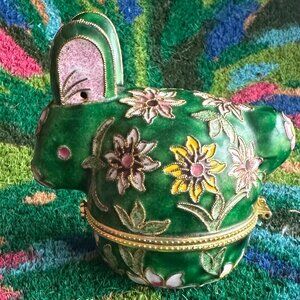 Cloisonne Green Rabbit Trinket Box